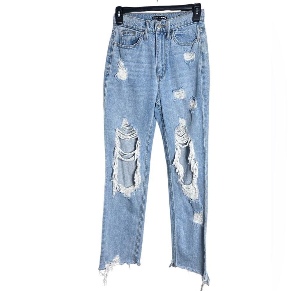 Fashion Nova Destroyed high-Rise Blue Denim Jeans Size 0